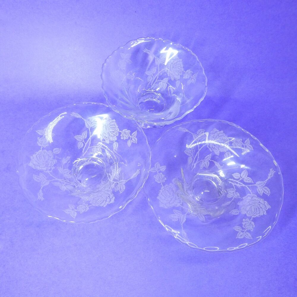 Heisey Rose Set of 3 Footed Dishes Round Candy Bowl - Clear Etched Glass Vintage
